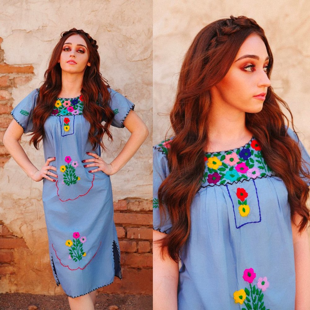 1970s Light Blue Mexican Floral Embroidered Dress